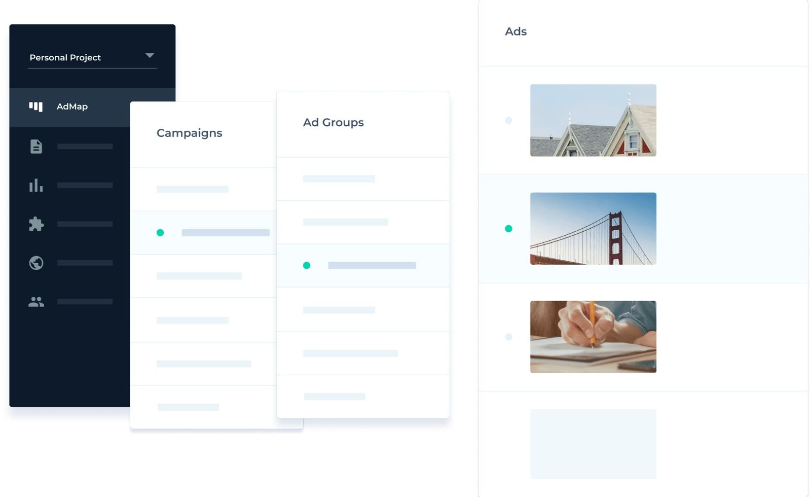 Instapage AdMap mit Spalten für Kampagnen, Anzeigengruppen und Anzeigen samt Vorschaubildern