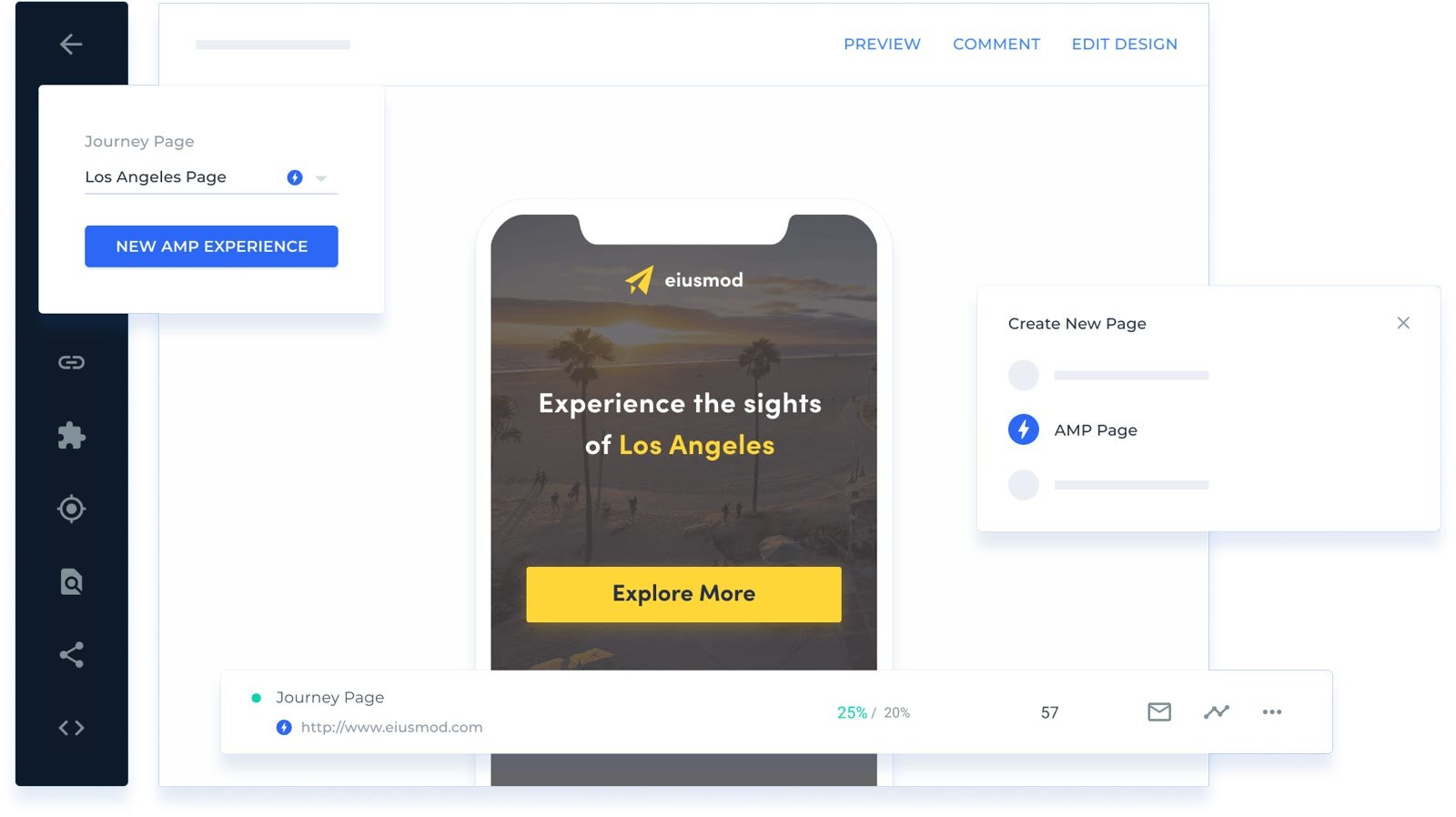 Instapage-Editor mit Smartphone-Vorschau einer AMP-Landingpage und Dialog zum Anlegen einer neuen AMP-Seite
