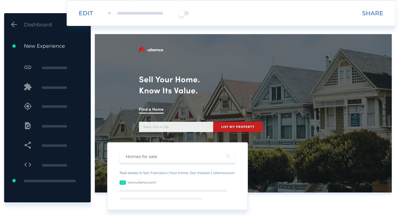 Instapage-Ansicht mit Suchanzeige und dazu passender Immobilien-Landingpage, links das Experience-Menü