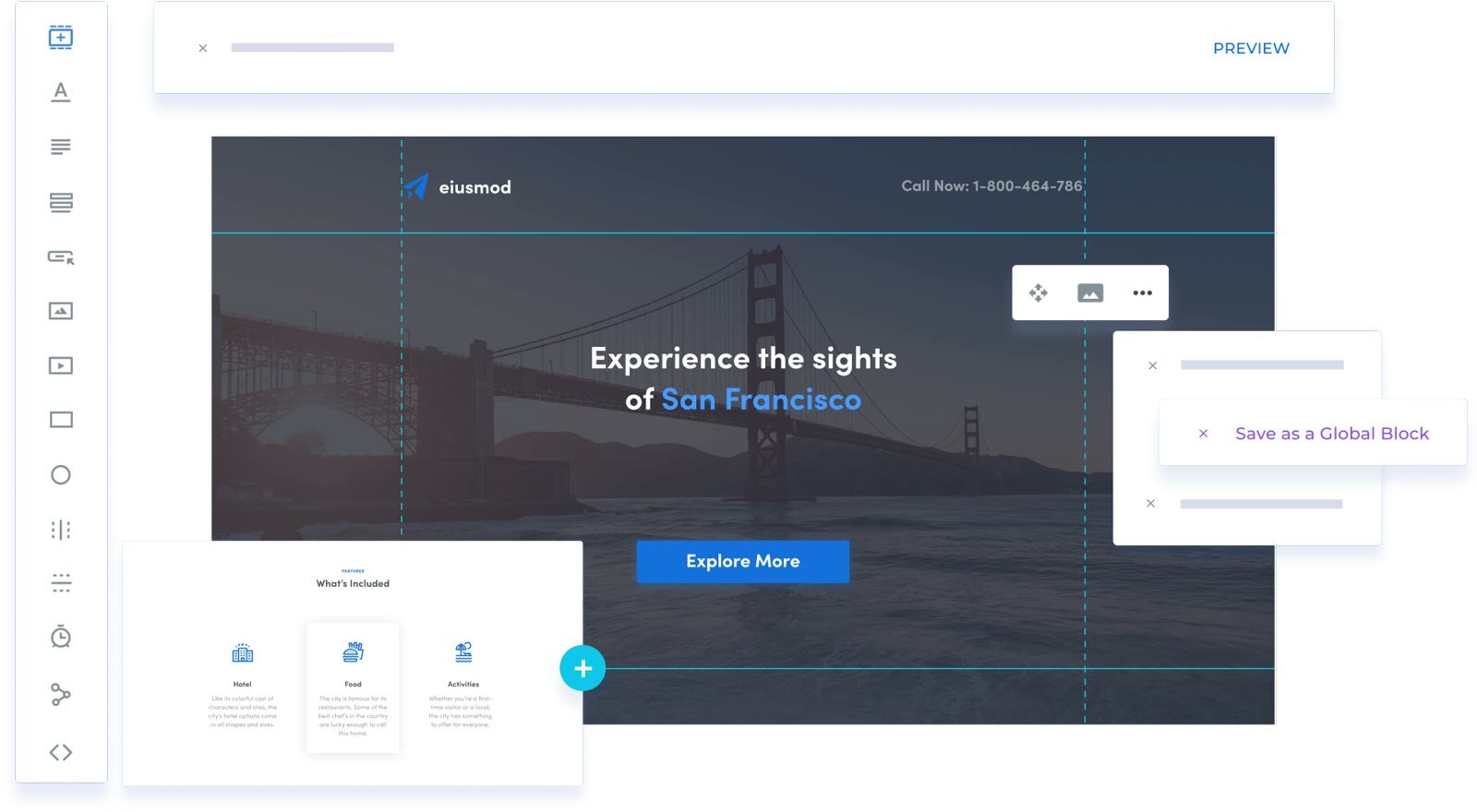 Instapage-Editor mit Landingpage-Entwurf, Elementleiste links und Menü „Save as a Global Block“