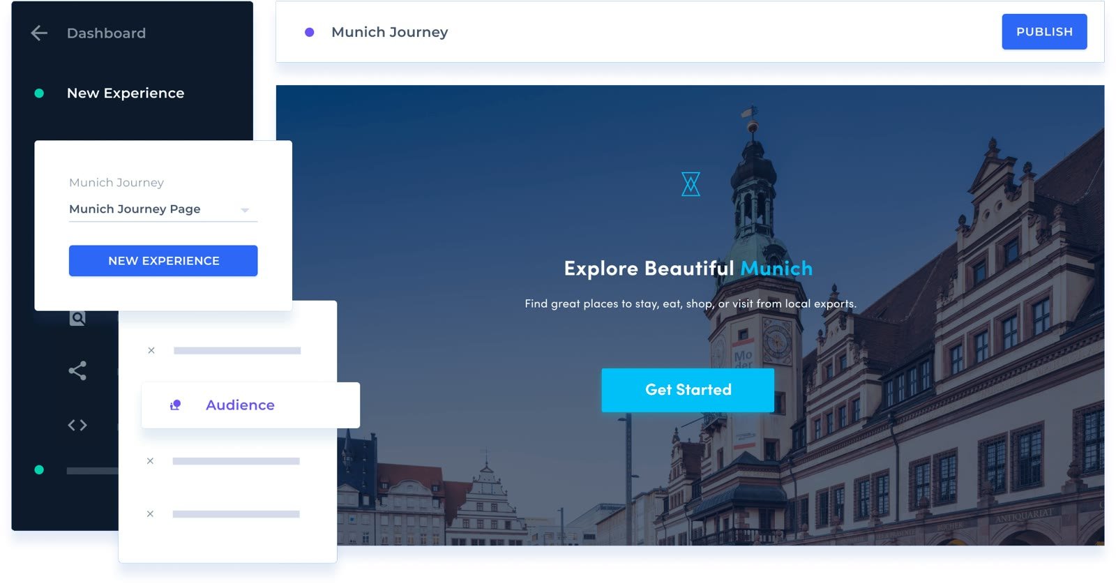 Instapage-Personalisierung: Dialog „New Experience“ und Auswahl „Audience“ neben einer Landingpage-Vorschau