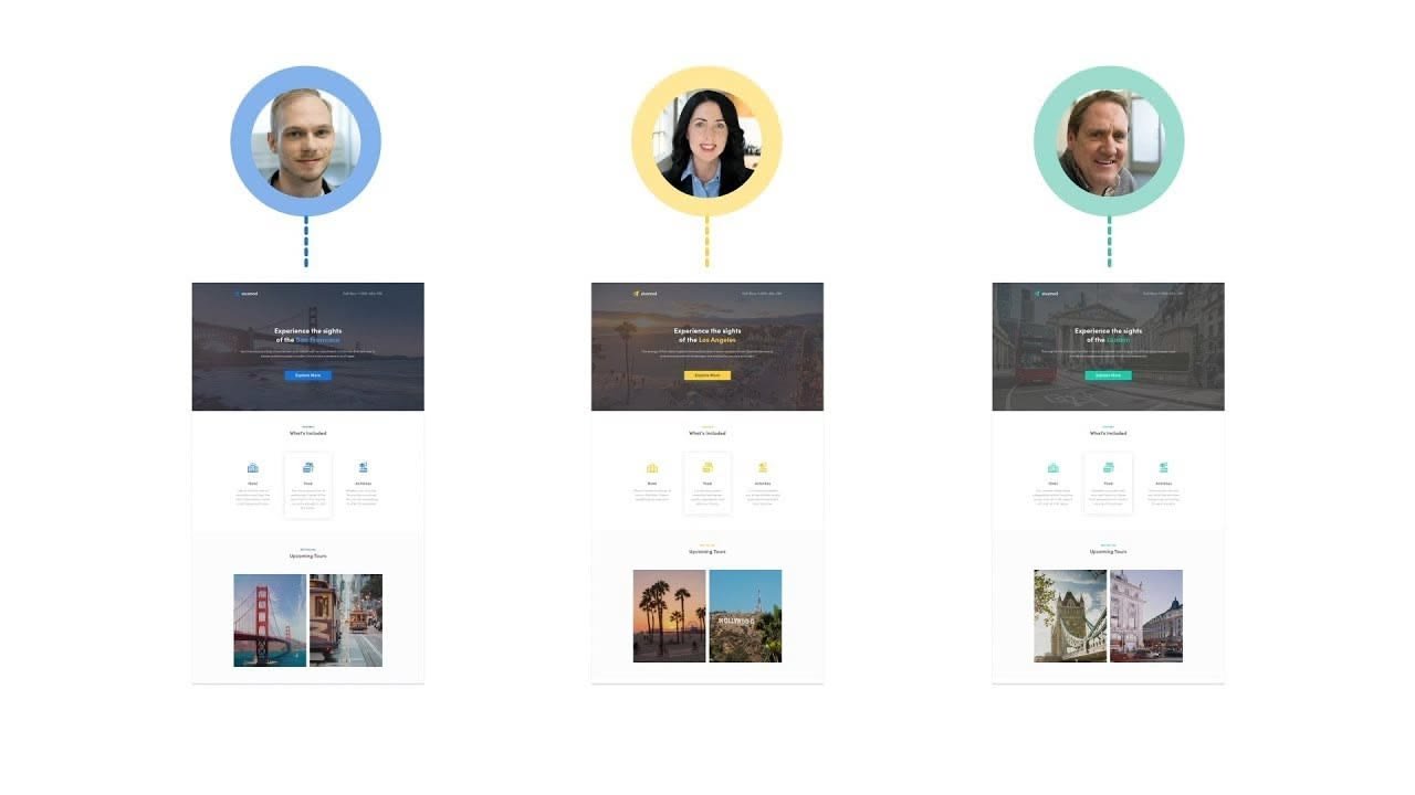 Vorschaubild des Instapage-Videos mit drei Personen und je einer passend eingefärbten Landingpage für San Francisco, Los Angeles und London