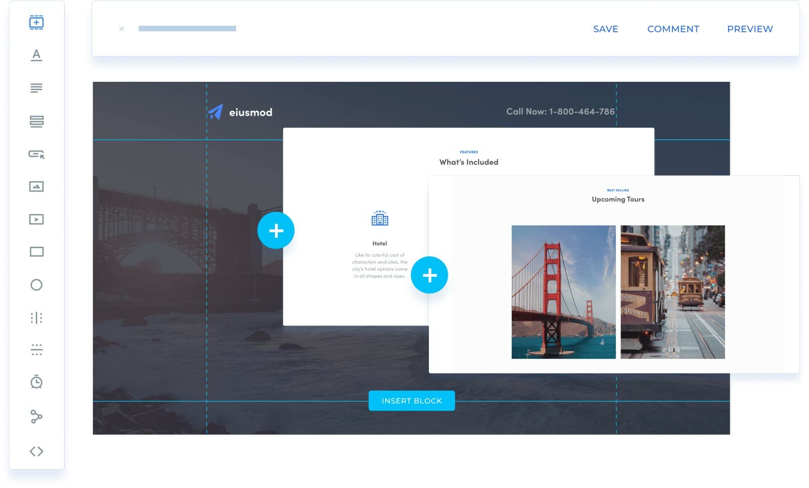 Instapage-Editor mit Element-Leiste links und Landingpage, in die neue Abschnitte per Plus-Knopf eingefügt werden