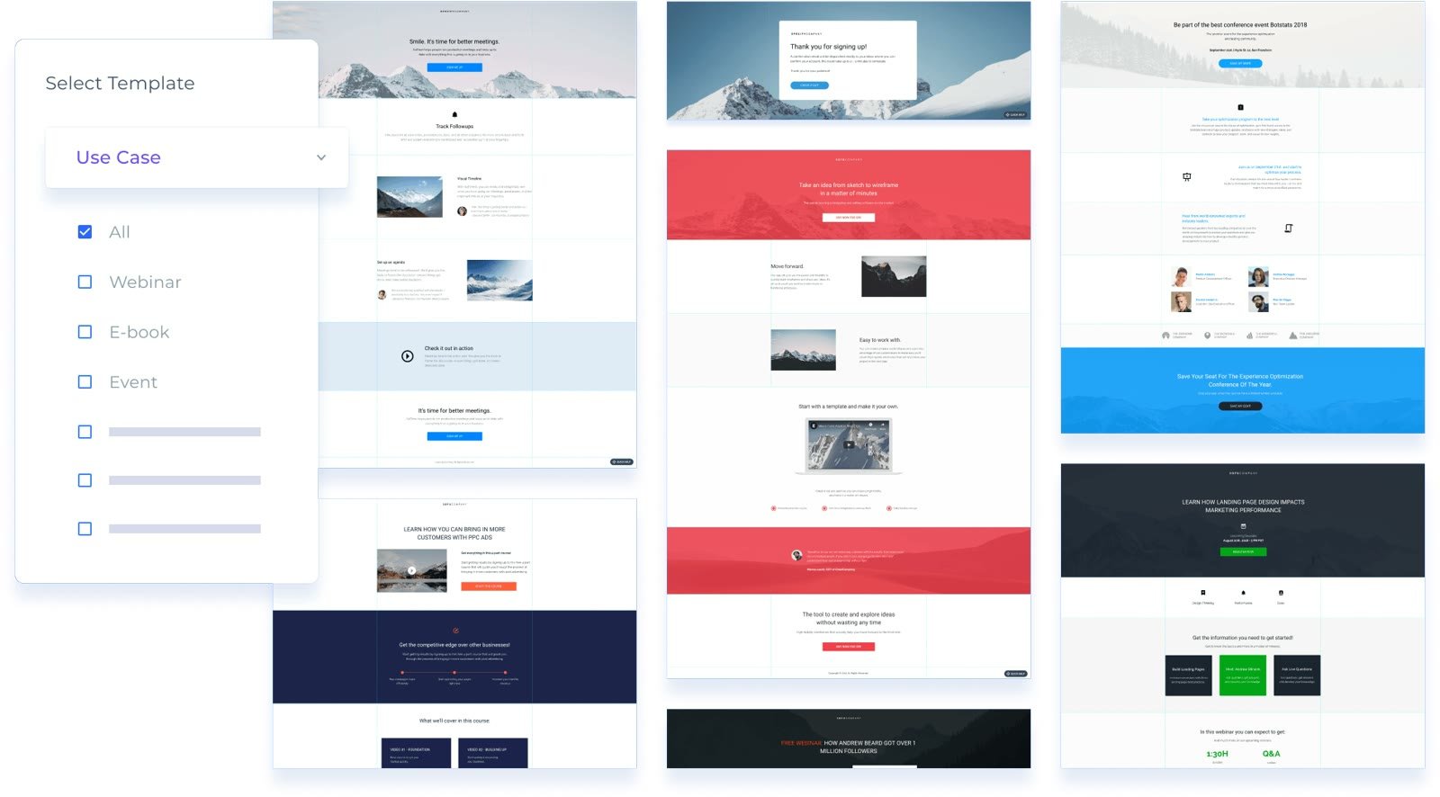 Instapage-Vorlagenauswahl mit Filter nach Anwendungsfall und mehreren Landingpage-Vorlagen in der Vorschau