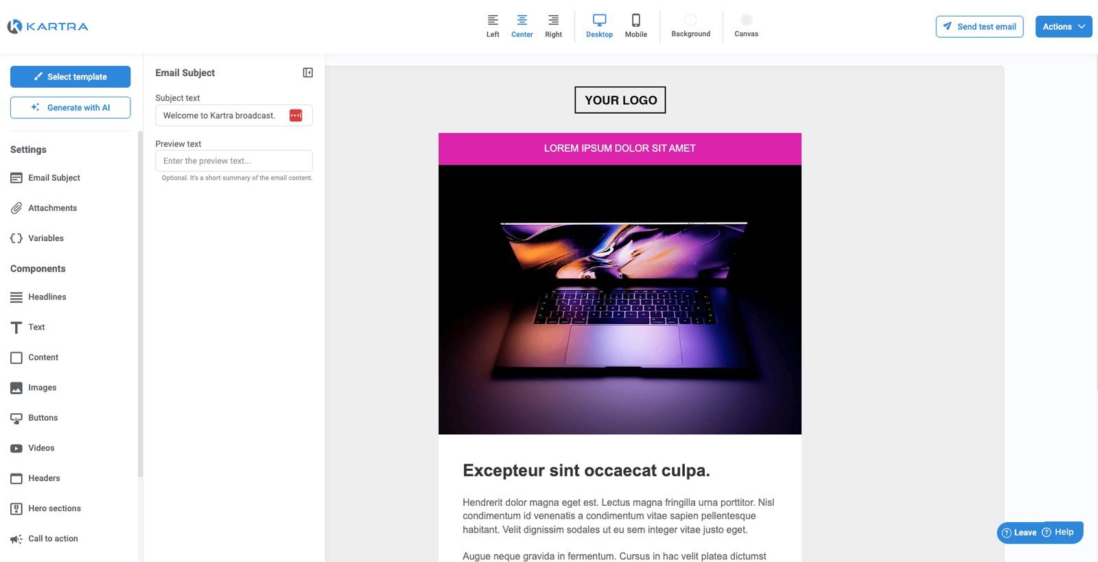 Drag-and-drop-Editor für E-Mails mit Bausteinen wie Überschrift, Text, Bild und Button