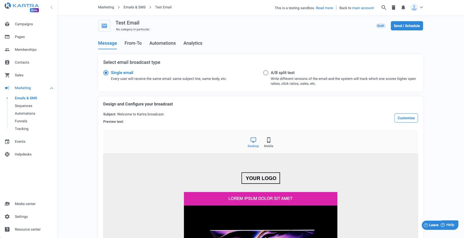 Einstellungen eines E-Mail-Broadcasts mit Wahl zwischen Einzelversand und A/B-Splittest sowie Vorschau der Mail