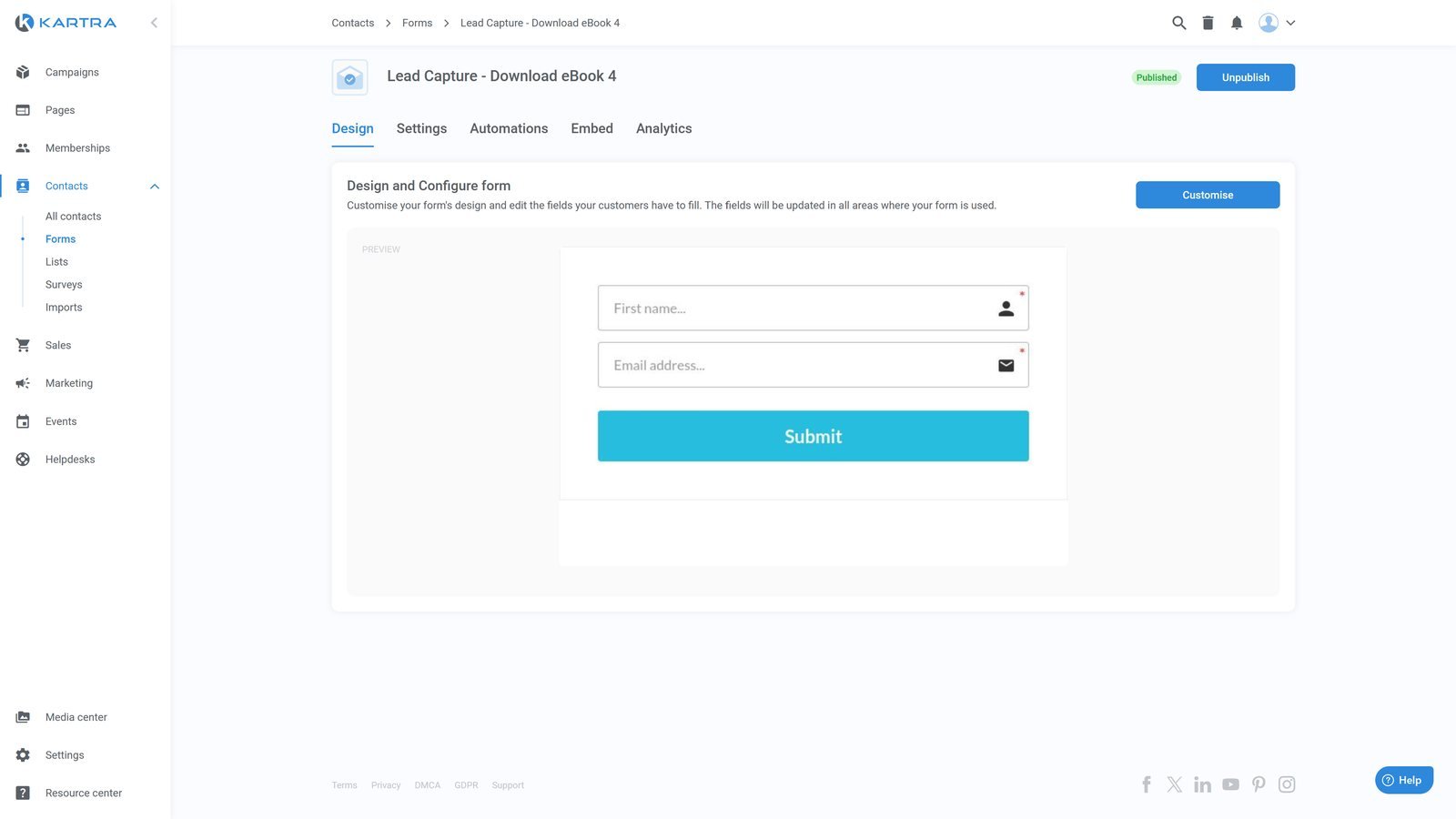 Formular-Editor für ein Lead-Capture-Formular mit Feldern für Name und E-Mail-Adresse
