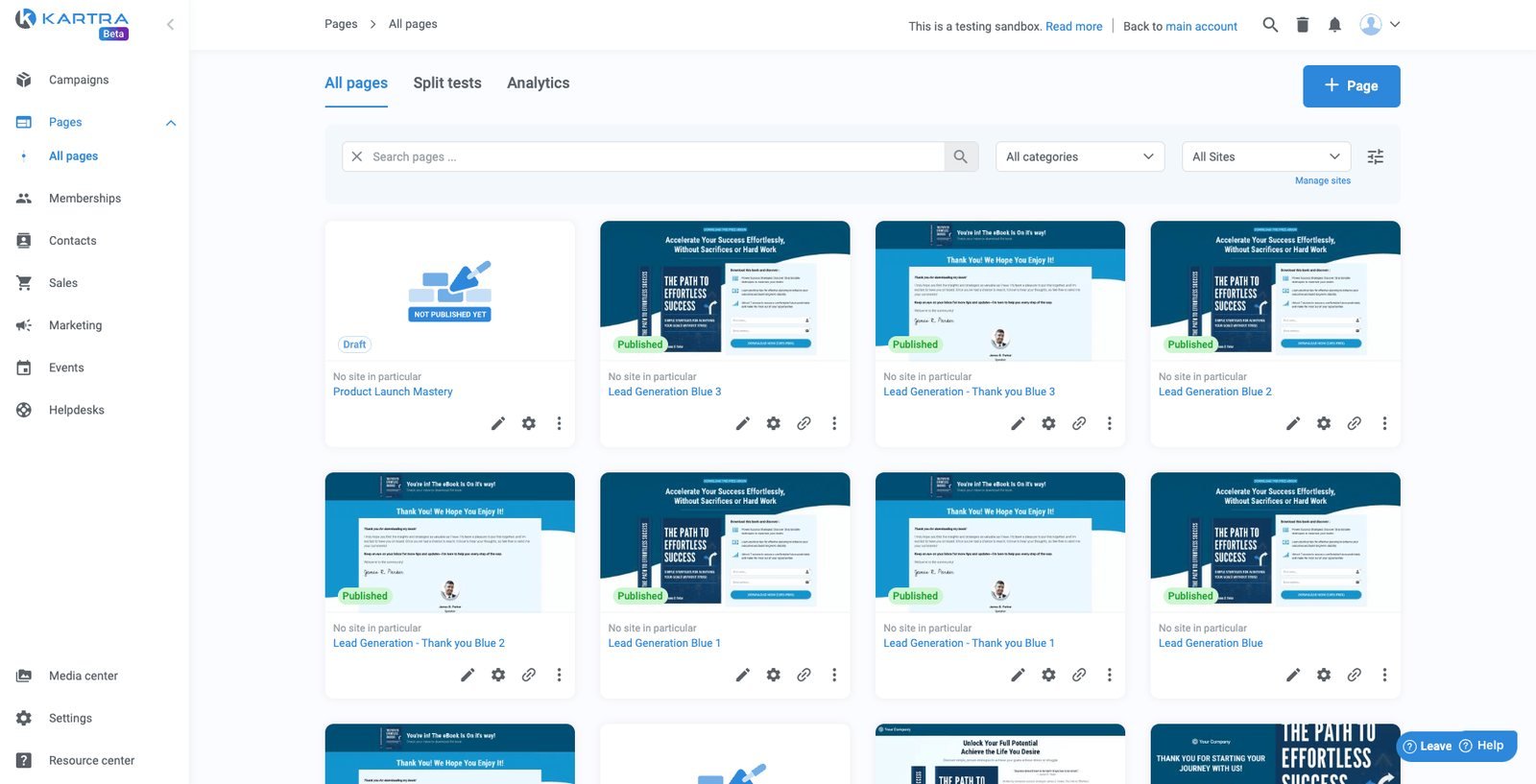 Seitenübersicht mit Vorschaubildern der Landingpages und Reitern für Split-Tests und Analysen