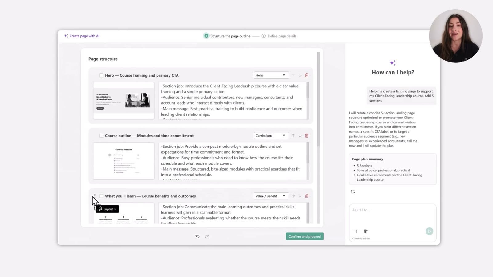 LearnWorlds „Create page with AI“: Seitenstruktur mit Abschnitten Hero, Kursübersicht und Lernziele, rechts KI-Chat mit Seitenplan